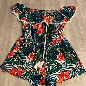 Tropical Floral Off-Shoulder Romper  - Green & Red